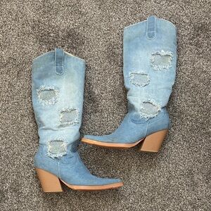 Distressed Blue Denim Cowgirl Boots
